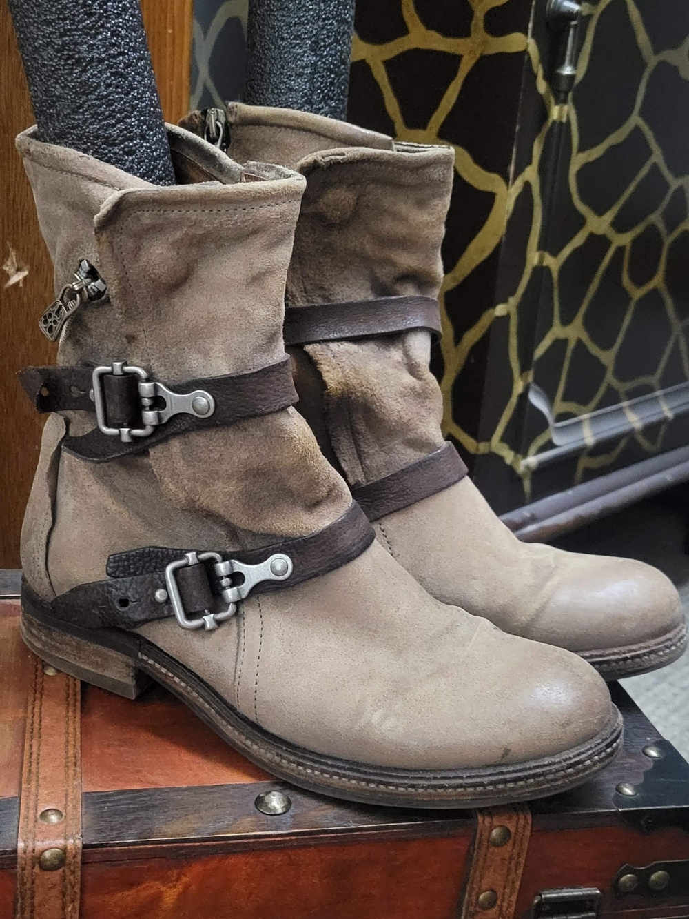 A.S.98 Taupe Suede Buckle Strap Lace-Up Ankle Boots